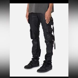 New, unworn men's black vegan leather tactical cargo pants in Amiri style, size